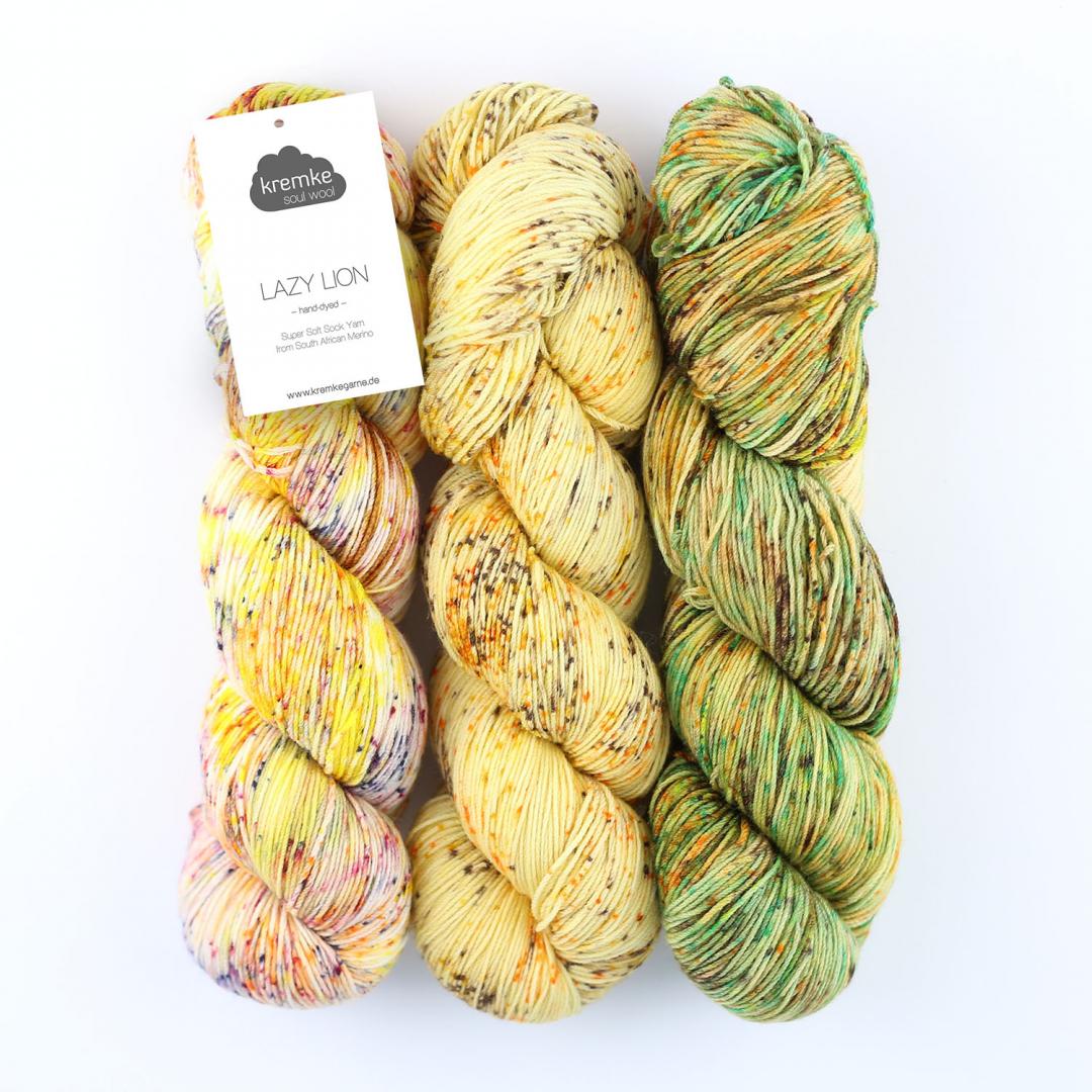 3 écheveaux de laine à chaussettes Lazy Lion, multicolore, marque Kremke jaune rose et vert