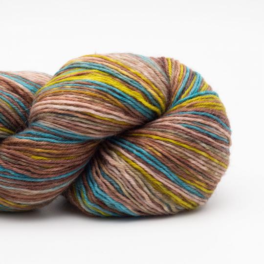 écheveau de laine à chaussettes Lazy Lion, multicolore, marque Kremke coloris deep water, (beige, bleu, jaune, marron)