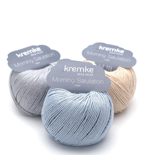3 pelotes de fil à tricoter en tencel Morning salutation de Kremke, bleu, gris et pêche