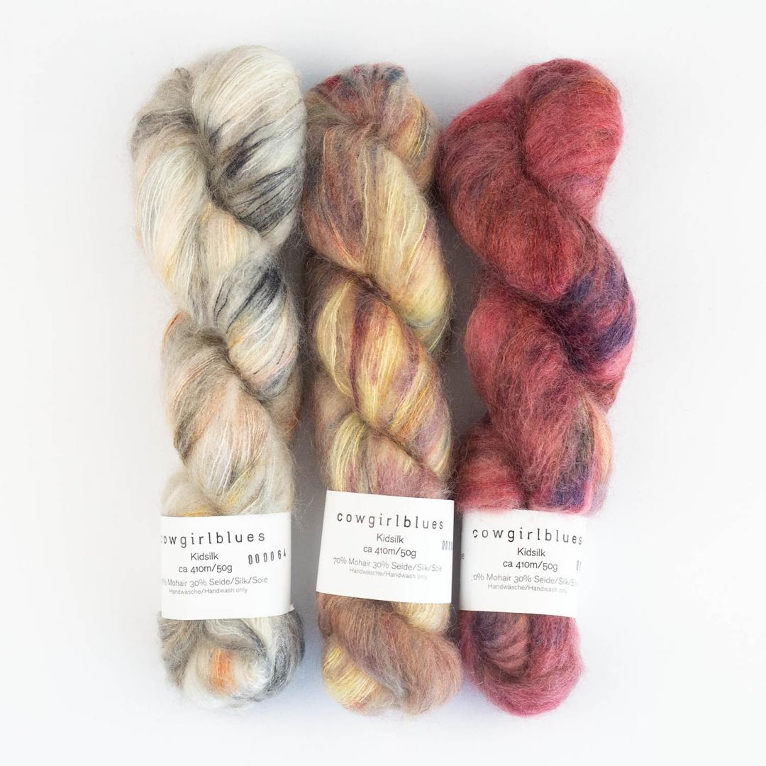 3 écheveaux de fil à tricoter en soie et mohair Kidsilk Gradient de Cowgirl Blues (blanc, jaune, rouge)