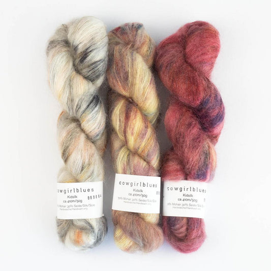 3 écheveaux de fil à tricoter en soie et mohair Kidsilk Gradient de Cowgirl Blues (blanc, jaune, rouge)