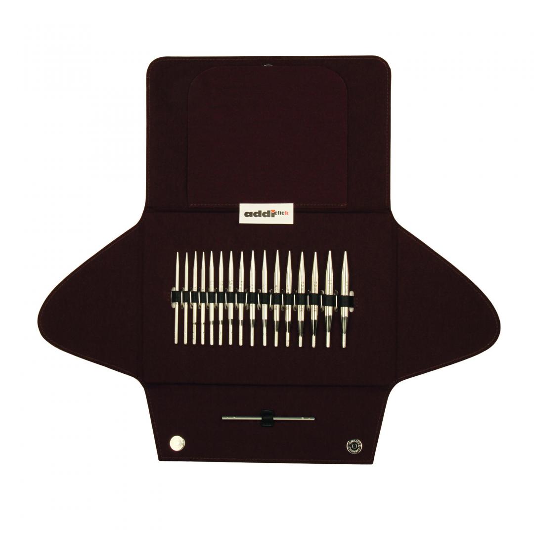 Set d'aiguilles à tricoter interchangeables métal pointes courtes dans étui marron