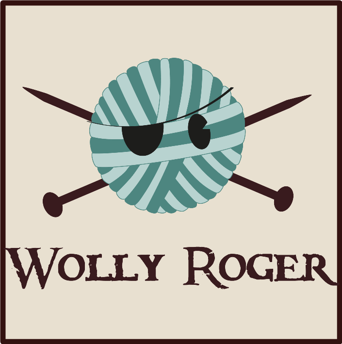 logo wolly roger pelote de laine cartoon bleu avec un cache-oeil de pirate et deux aiguillées croisées derrière