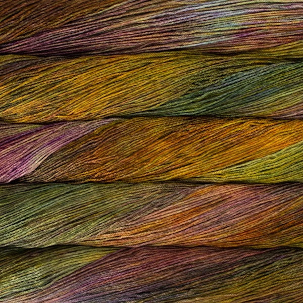 écheveaux de laine merino Arroyo de Malabrigo coloris Piedras (vert, jaune, marron et violet)