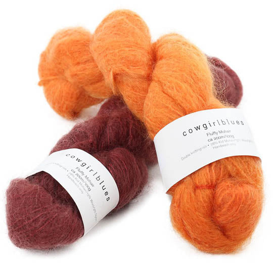 2 écheveaux de fil à tricoter en mohair "Fluffy Mohair uni" de Cowgirl blues coloris orange et bordeaux