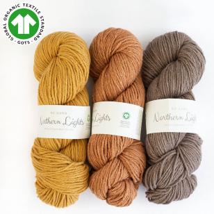 3 écheveaux de fil à tricoter Northern Lights GOTS de BC GARN en laine et soie, jaune, orange, marron