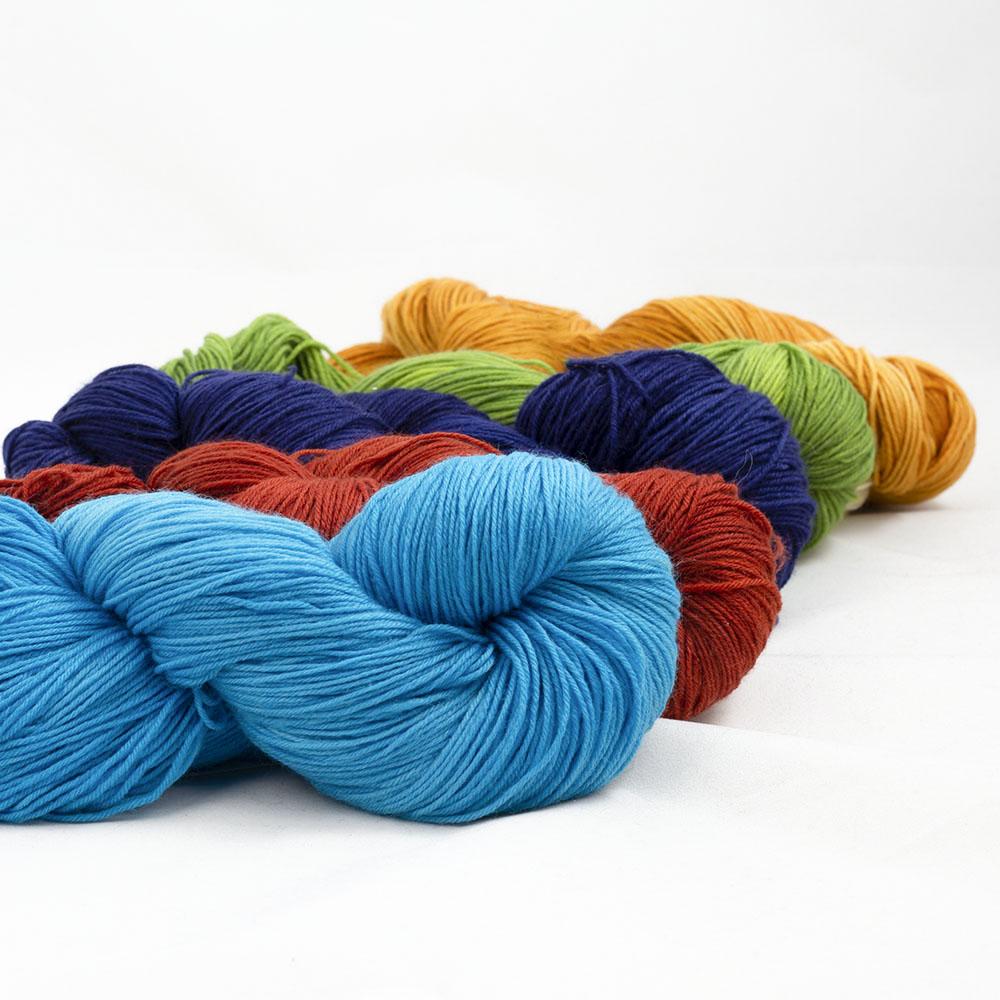 5 écheveaux de laine à chaussettes Lazy Lion, faux unis, marque Kremke (bleu azur, rouge, bleu marine vert et jaune)