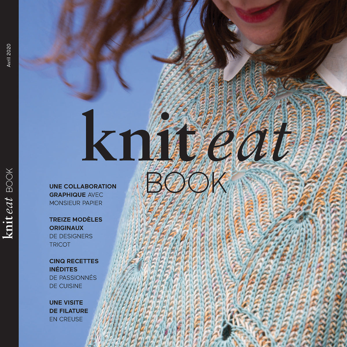 couverture du livre knit eat 2020 pull bleu et jaune tricoté porté par une femme, gros plan