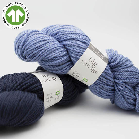2 écheveaux de fil à tricoter Big Vintage Wool de Erika Knight (bleu marie et bleu moyen) & symbol GOTS