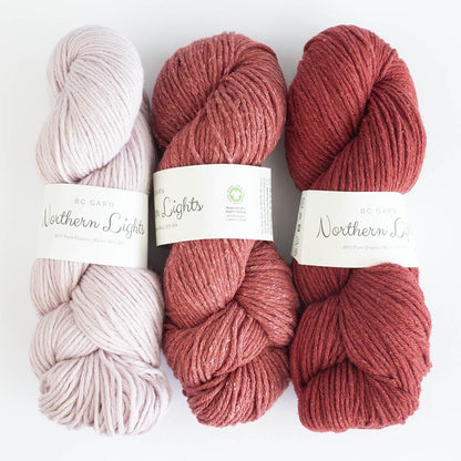 3 écheveaux de fil à tricoter Northern Lights GOTS de BC GARN en laine et soie, différents tons de rose/rouge